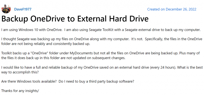 a user's question about backup onedrive to external hard drive