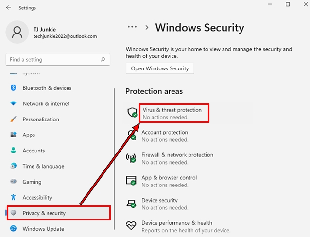 virus and threat protection button