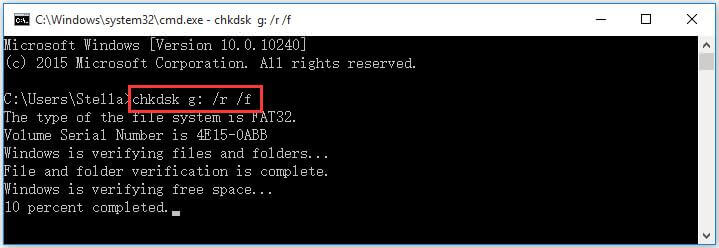 a screenshot of Command Prompt window: type in "chkdsk *: /r /f"