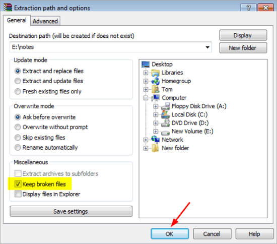 winrar extraction path and options